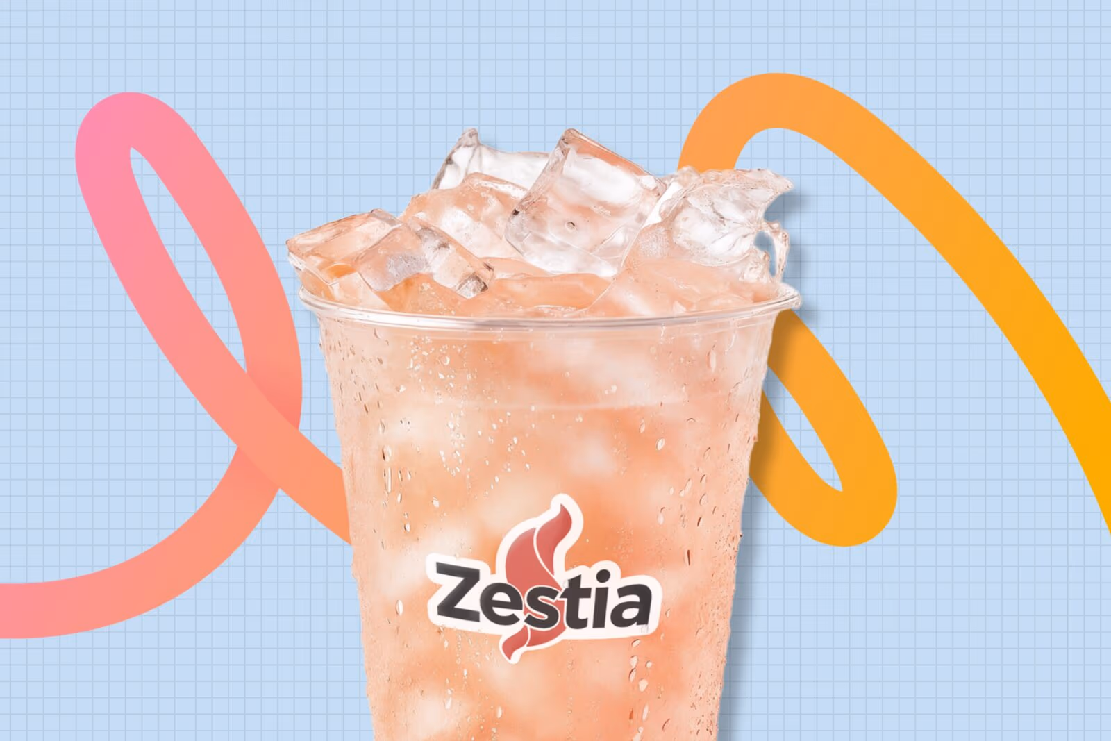 A Zestia lemonade poured over ice in a branded cup