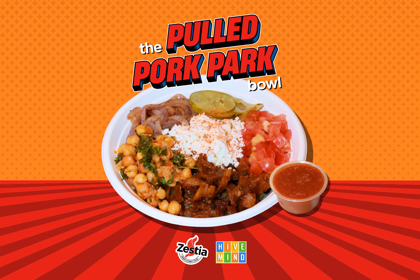 The Pulled Pork Park bowl: hot honey pulled pork, chickpea salad, feta, tomatoes, grilled onions and pickles with a side of sauce